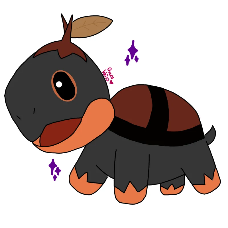 A cartoon turtle with a brown leaf on its head and purple sparkles around its eyes and mouth, looking tearful. The overlaid…