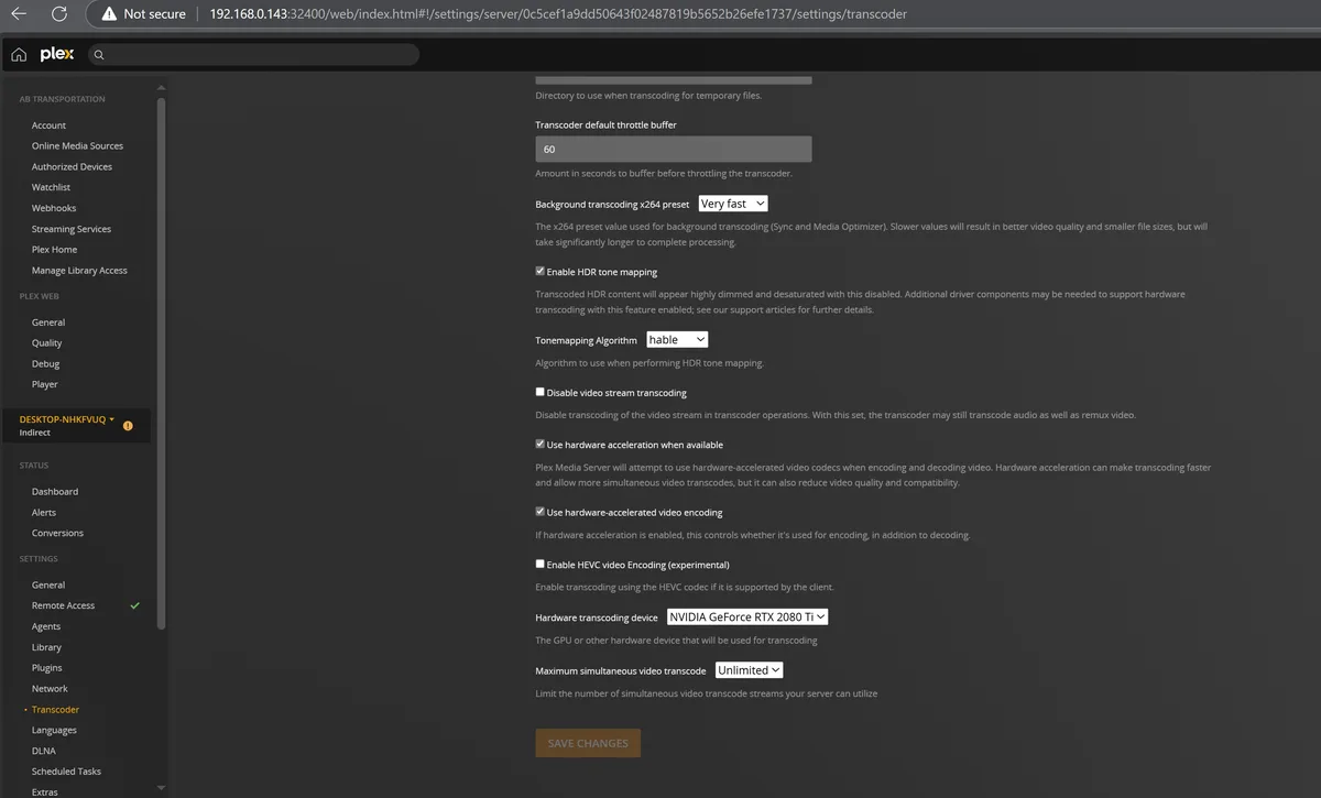 A screenshot of the Plex Media Server's transcoder settings page, showing options like 'Background transcoding x264 preset'…
