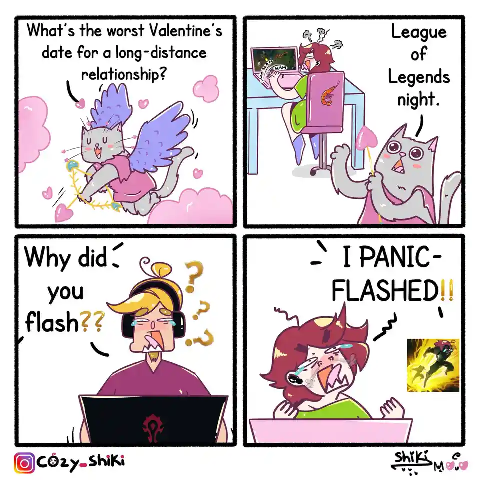 A four-panel comic shows a cupid cat asking what the worst Valentine's date for a long-distance relationship is. The answer…