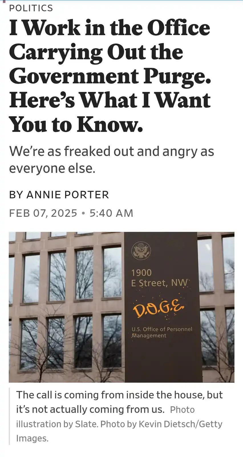 A satirical news article screenshot shows a sign for the U.S. Office of Personnel Management at 1900 E Street, NW, but the…