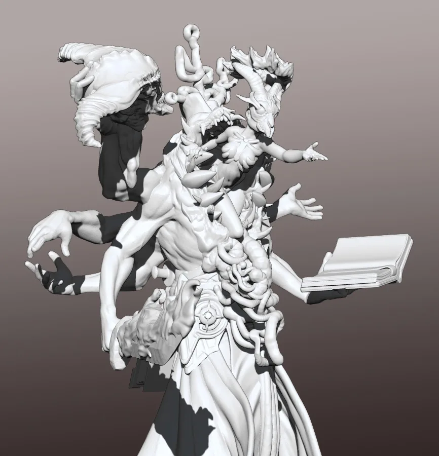 A white 3D-printed figurine depicts a monstrous, multi-limbed, horned entity with a human-like torso and flowing robes…