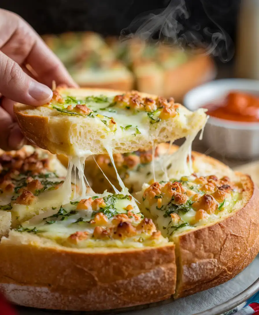 A hand lifts a slice of cheesy garlic bread, showing long, gooey cheese strings stretching down. The bread is round, sliced…