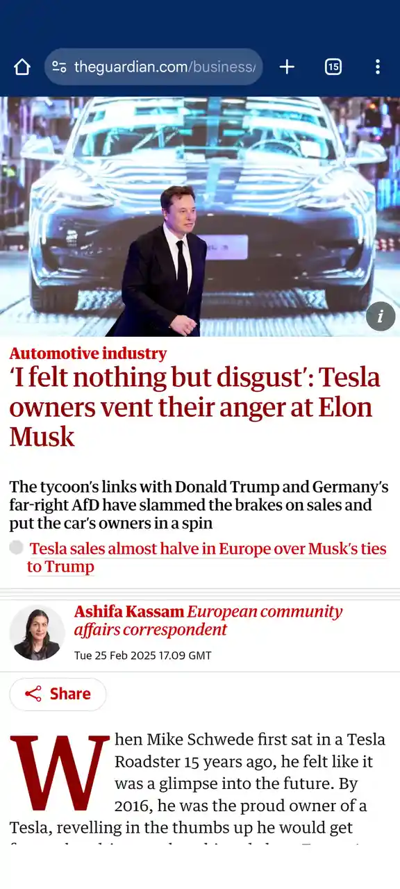 A screenshot of a The Guardian article headline showing Elon Musk standing in front of a Tesla car, with the headline 'I…