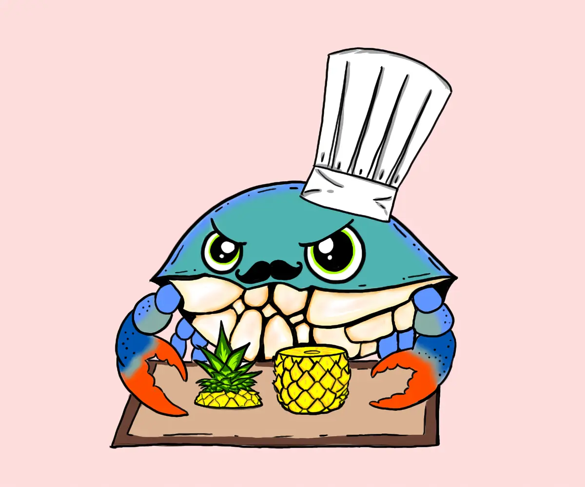 A cartoon blue crab wearing a white chef's hat and a black mustache sits at a table with two pineapples, one whole and one…