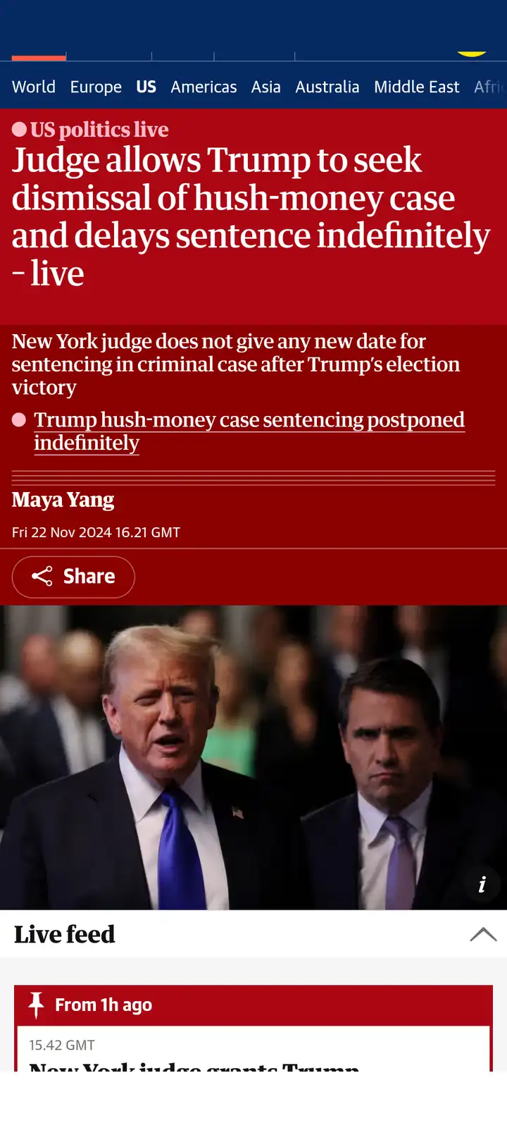 A screenshot of a news article headline about a judge allowing Donald Trump to seek dismissal of his hush-money case and…