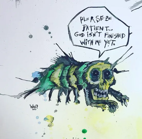 A watercolor painting of a grotesque, insect-like creature with a human skull for a head, green and yellow striped body, and…
