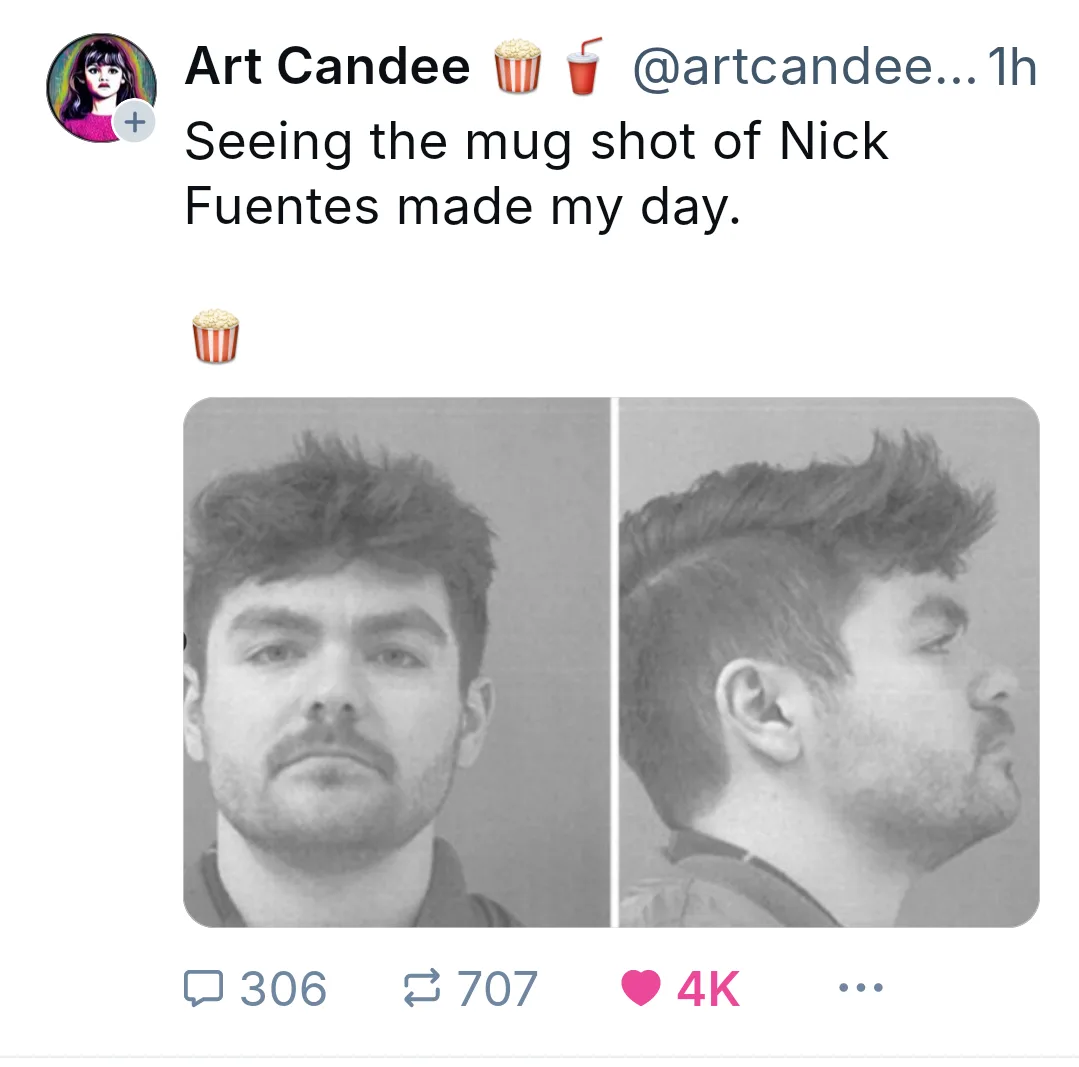 A black-and-white mugshot of Nick Fuentes is shown in two panels: a frontal view and a profile view. The image is overlaid…