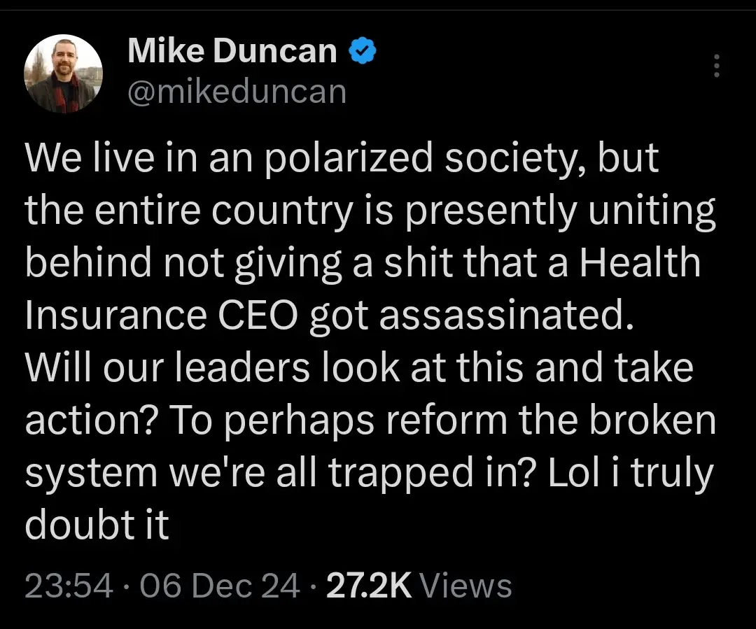 A screenshot of a tweet by Mike Duncan (@mikeduncan) with a black background and white text. The tweet reads: 'We live in an…