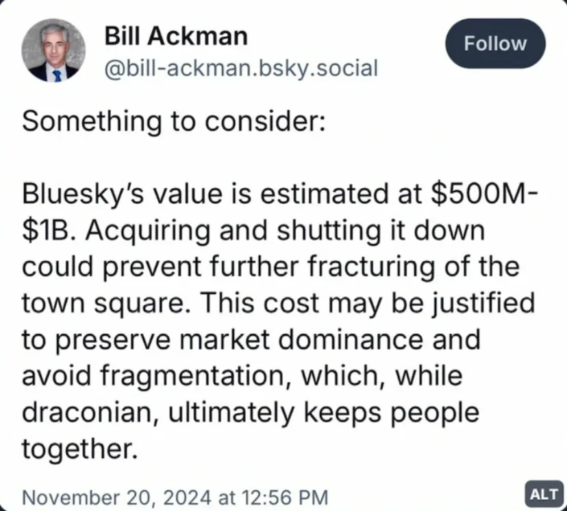A screenshot of a social media post by Bill Ackman, showing his profile picture, handle, and a text post discussing the…