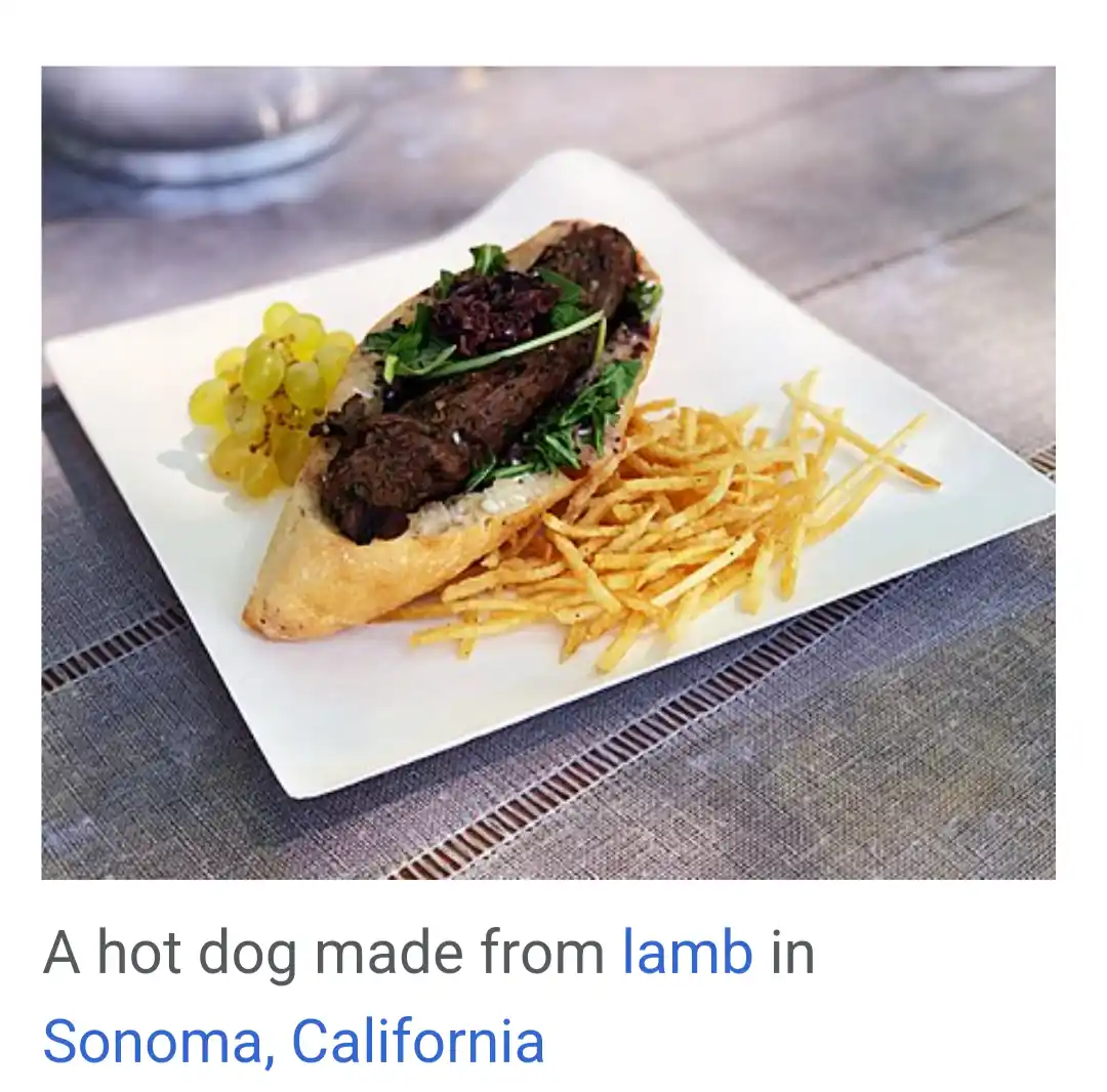 A gourmet dish presented on a white plate, featuring a sausage-like meat (labeled as lamb) nestled in a sliced baguette…