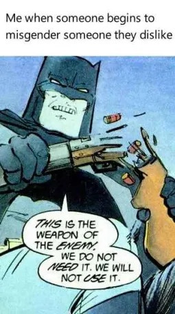 Batman is depicted in a comic panel, holding a gun and aiming it at an unseen person. He has a furious, teeth-baring…