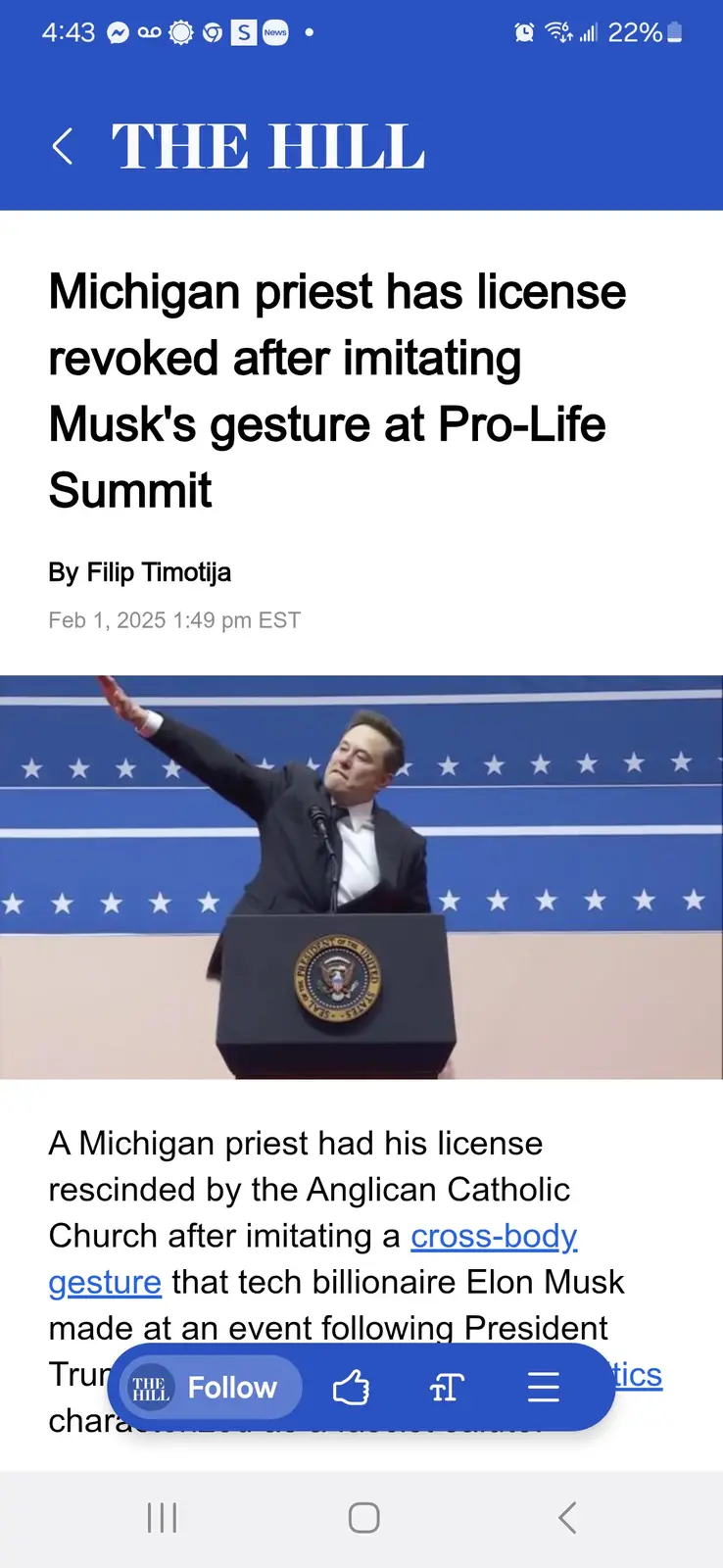 A screenshot of a news article from 'The Hill' shows a photo of Elon Musk at a podium with the presidential seal, making a…