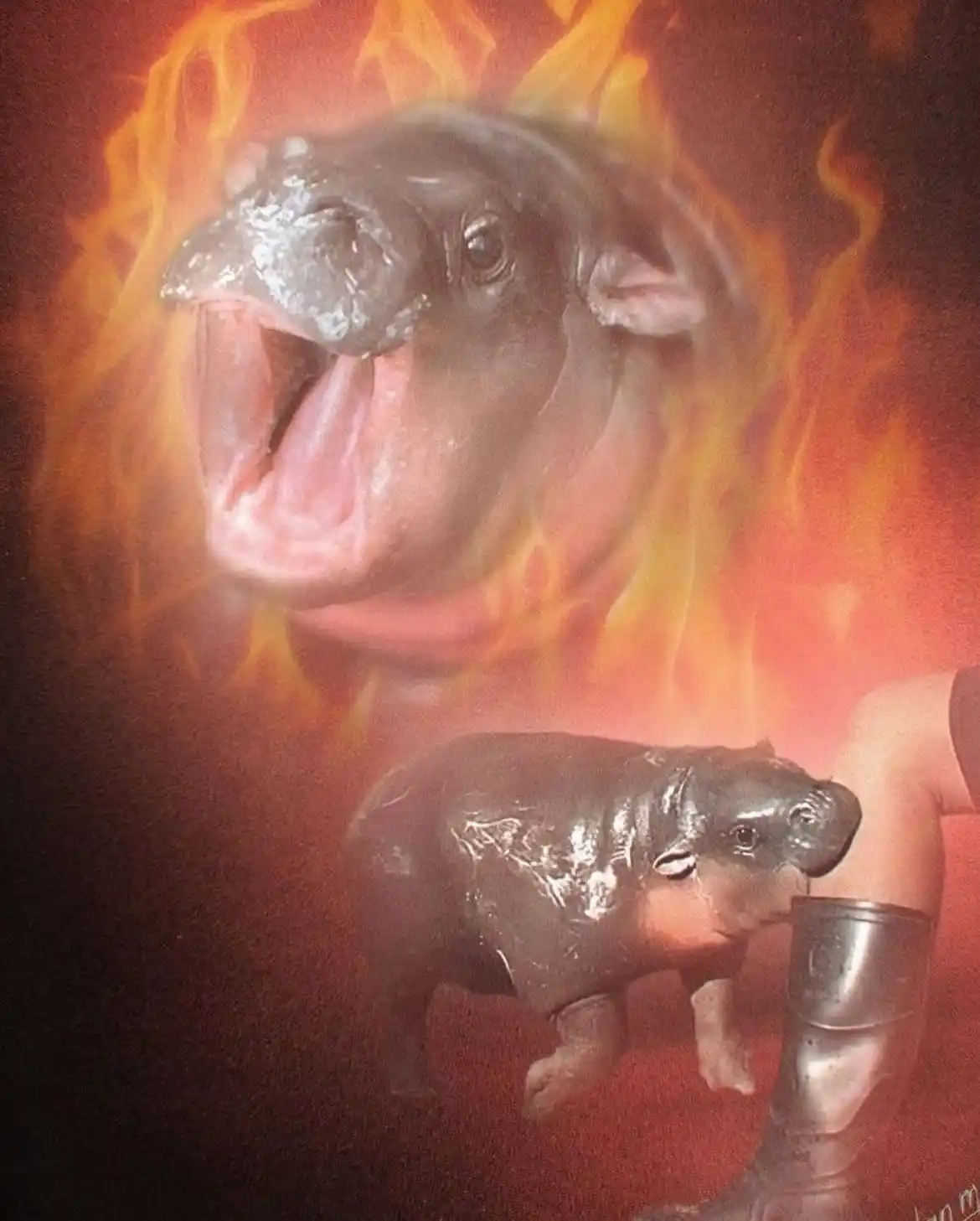 The image shows a large, flaming hippopotamus head roaring in the background, while a small baby hippo stands calmly next to…