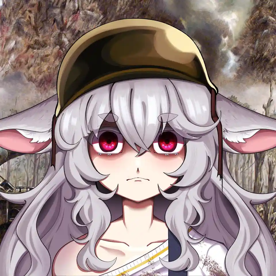 An anime-style character with long silver hair, large red eyes, and pointed ears wears a military helmet while standing in a…