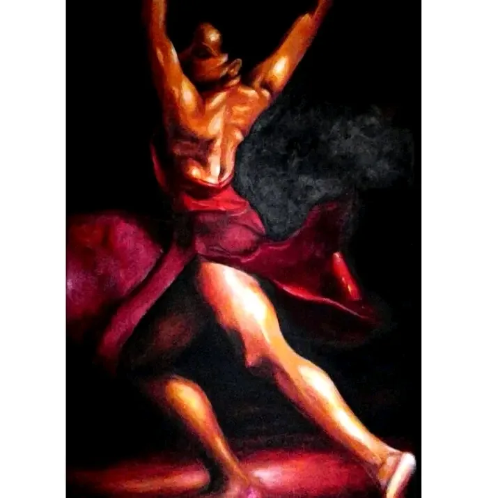 A dramatic painting of a muscular, shirtless male dancer in a flowing red skirt, captured mid-motion with arms raised and…
