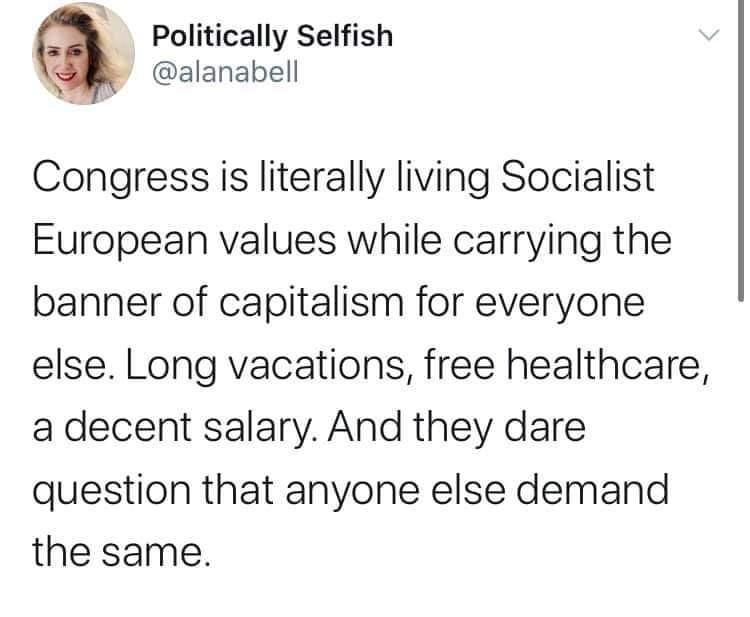 A screenshot of a tweet from the account 'Politically Selfish' (@alanabell) with a profile picture of a smiling woman. The…