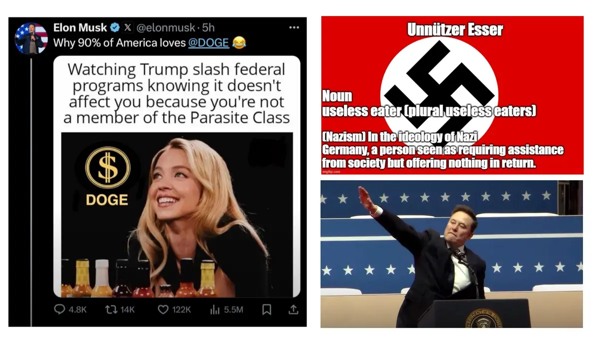 The image displays two side-by-side memes. The left shows a tweet from Elon Musk featuring a photo of a smiling woman with…
