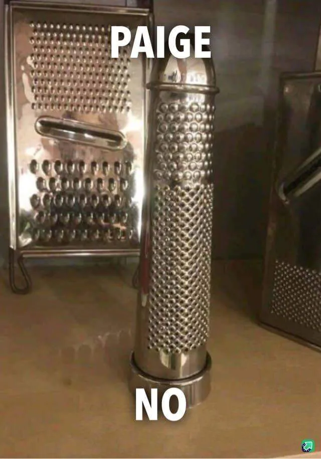 A stainless steel zester grater stands upright on a countertop, with the word 'PAIGE' in large white text above it and 'NO'…