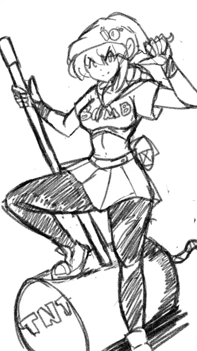 A black-and-white sketch depicts an anime-style female character in a cheerleader outfit with 'BAB' on her top, standing…