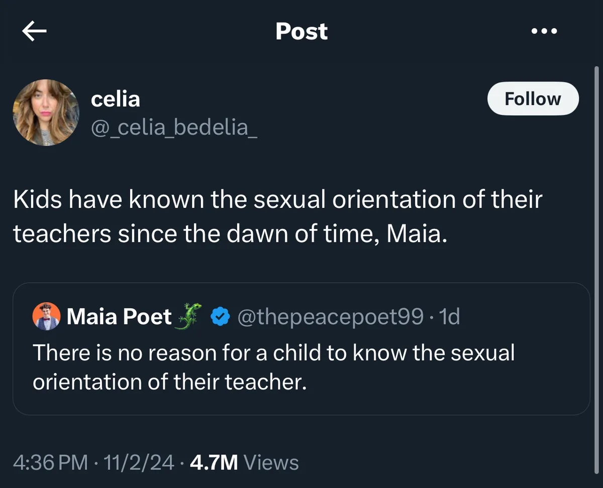 A screenshot of a social media post showing user 'celia' replying to a tweet by 'Maia Poet'. Maia Poet's tweet says 'There…