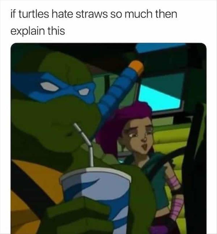 A green-skinned animated turtle wearing a blue mask holds a drink with a straw, while a purple-haired girl looks on. The…