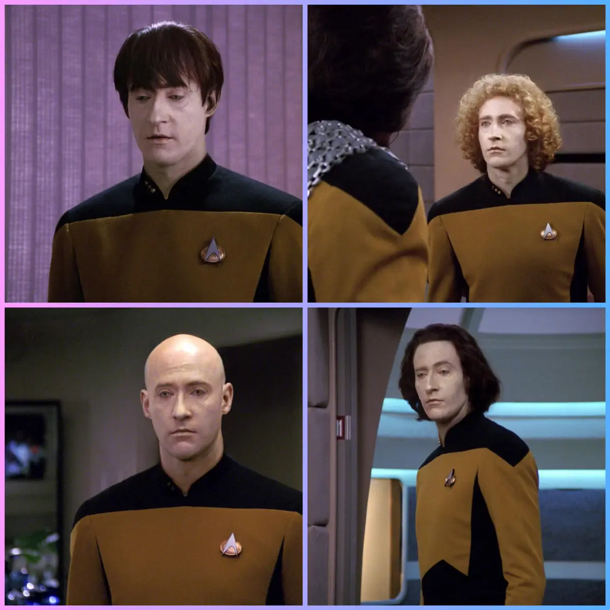A four-panel collage shows actor Robert Picardo in Star Trek uniforms across different scenes, displaying varied hairstyles…