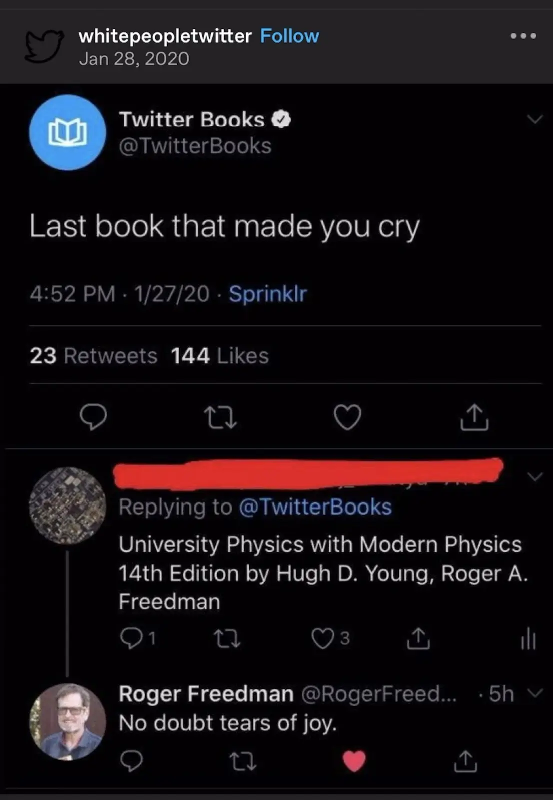 A screenshot of a Twitter thread where Twitter Books asks 'Last book that made you cry,' and a user replies with a physics…