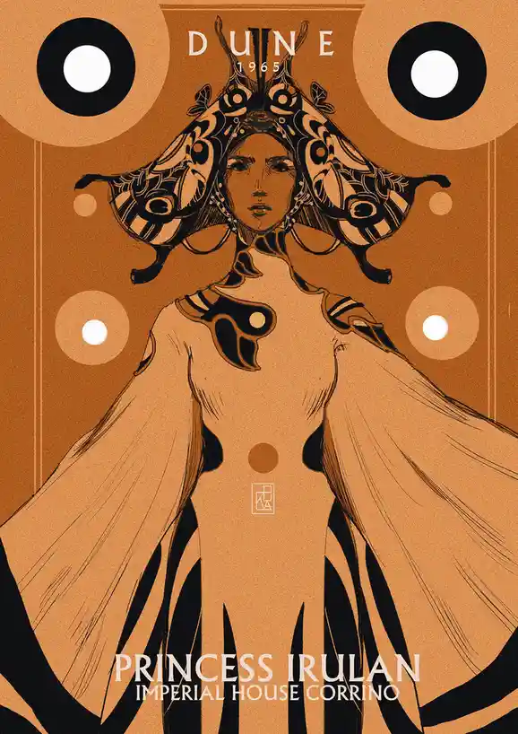A stylized, vintage poster art for 'Dune 1965' features a regal female figure, Princess Irulan, adorned in ornate, flowing…