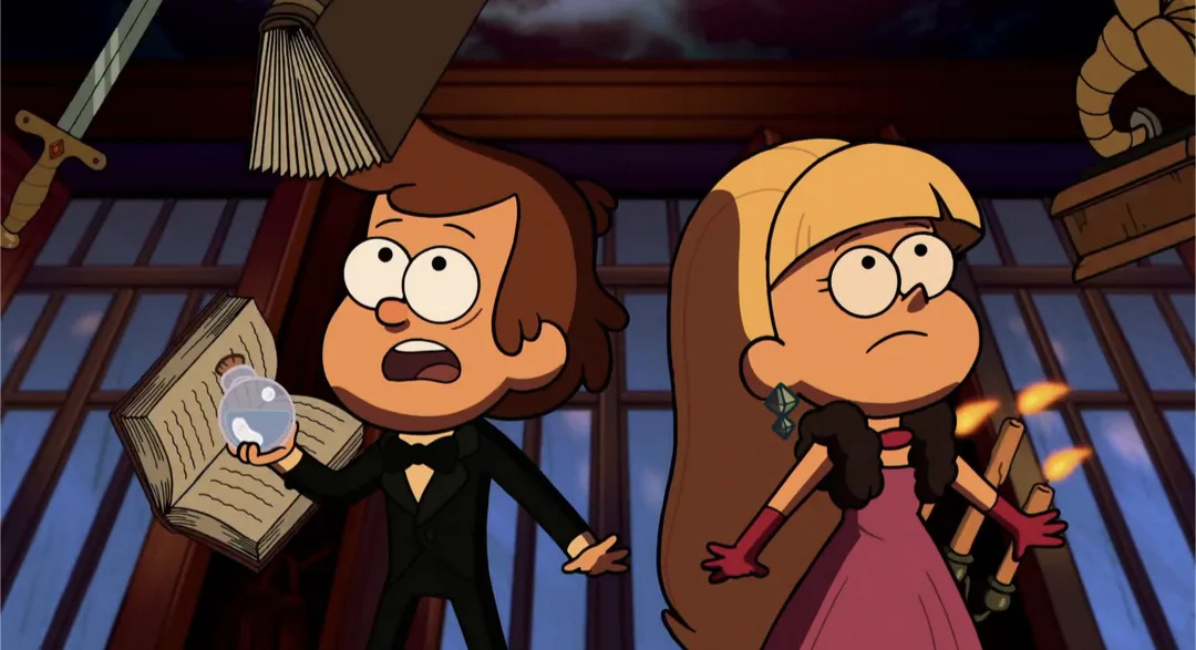 Two animated characters, Dipper and Mabel, are in a dimly lit, spooky room with floating objects like a sword, broom, and…
