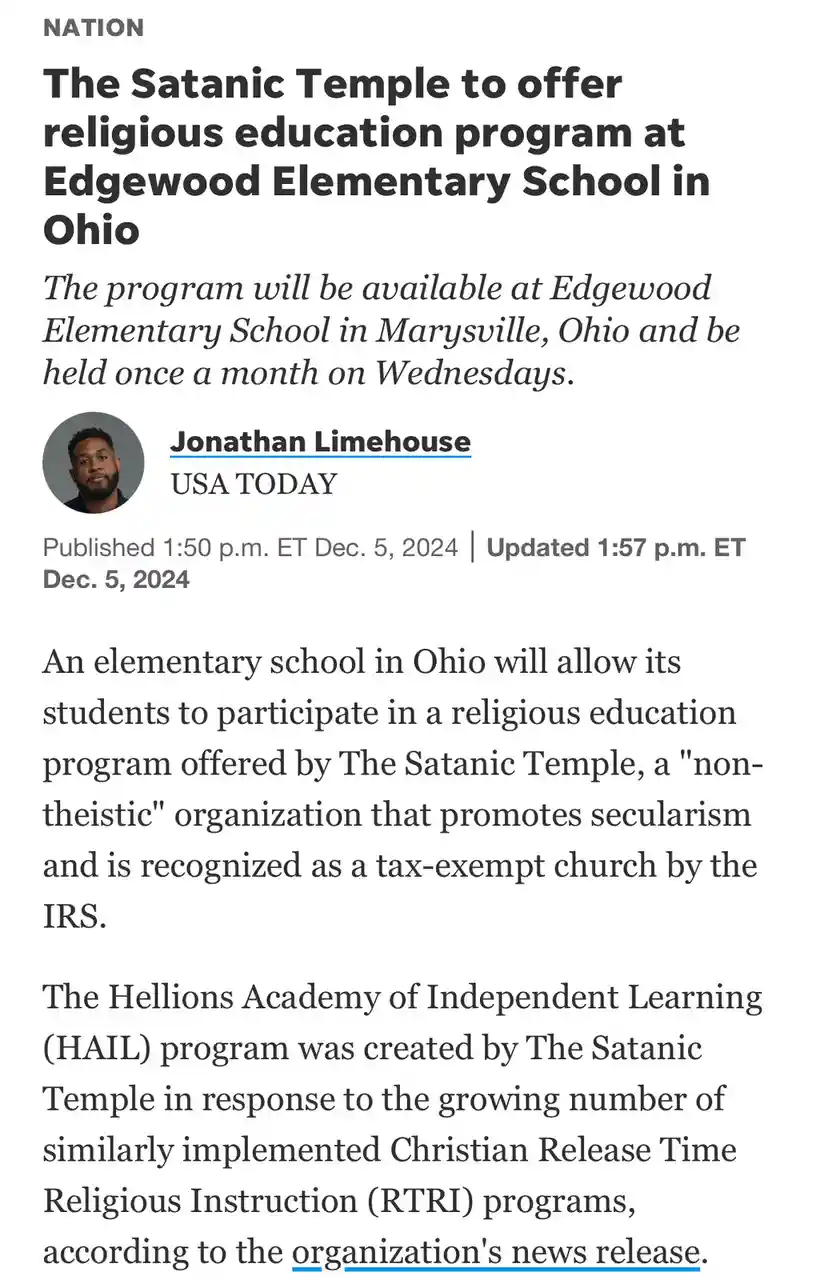 A screenshot of a USA TODAY news article from December 5, 2024, under the 'NATION' section, announcing that The Satanic…
