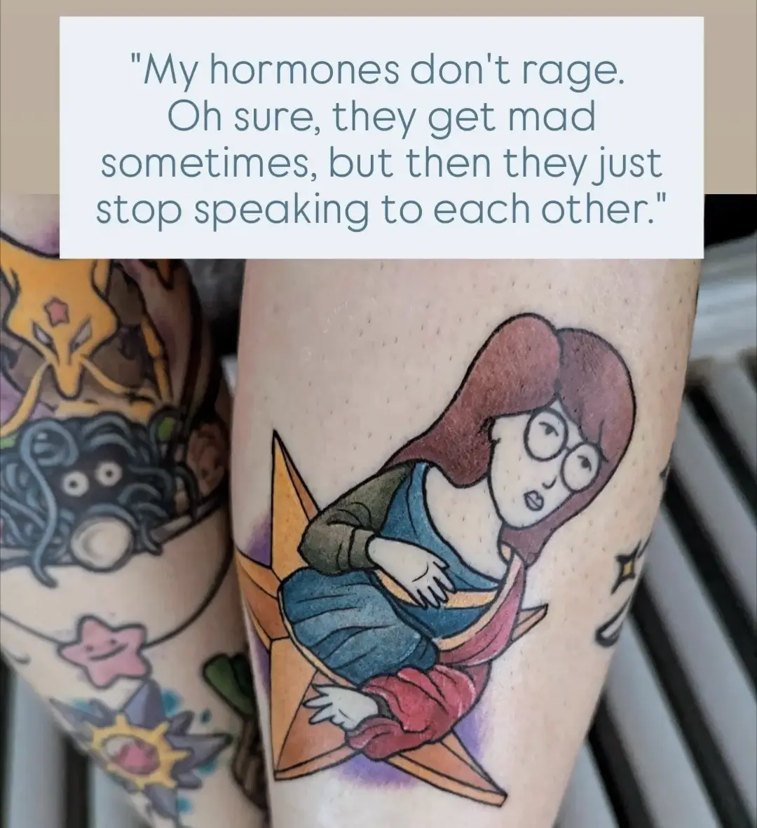 A close-up photo of a person's arm with a colorful tattoo of the animated character Star Butterfly from 'Star vs. the Forces…