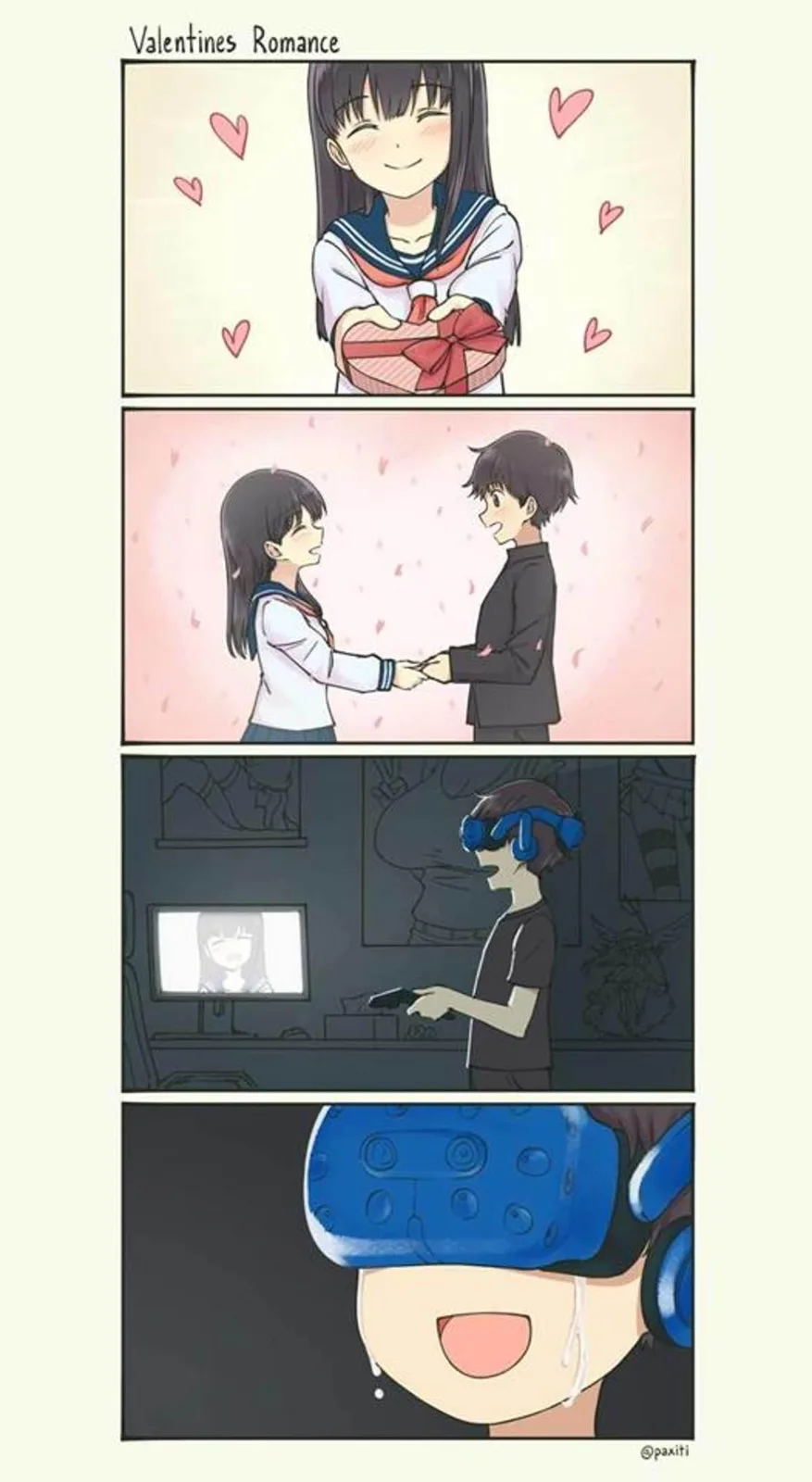 A four-panel anime comic titled 'Valentines Romance' shows a girl giving a gift, then holding hands with a boy. The next…