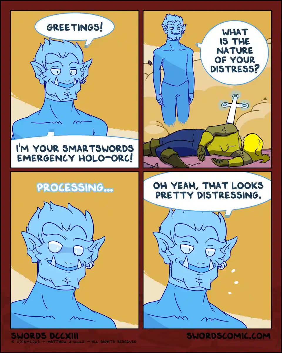A four-panel comic shows a blue, smiling orc holo-projector introducing itself as an emergency aid. It asks a fallen…