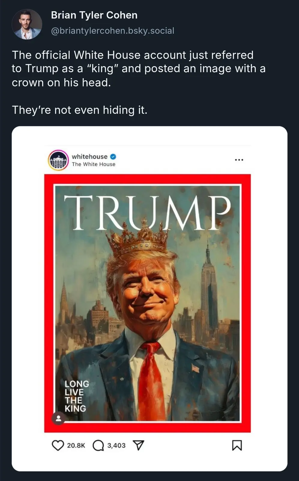 The image shows a stylized portrait of Donald Trump wearing a golden crown, set against a cityscape backdrop with the Empire…