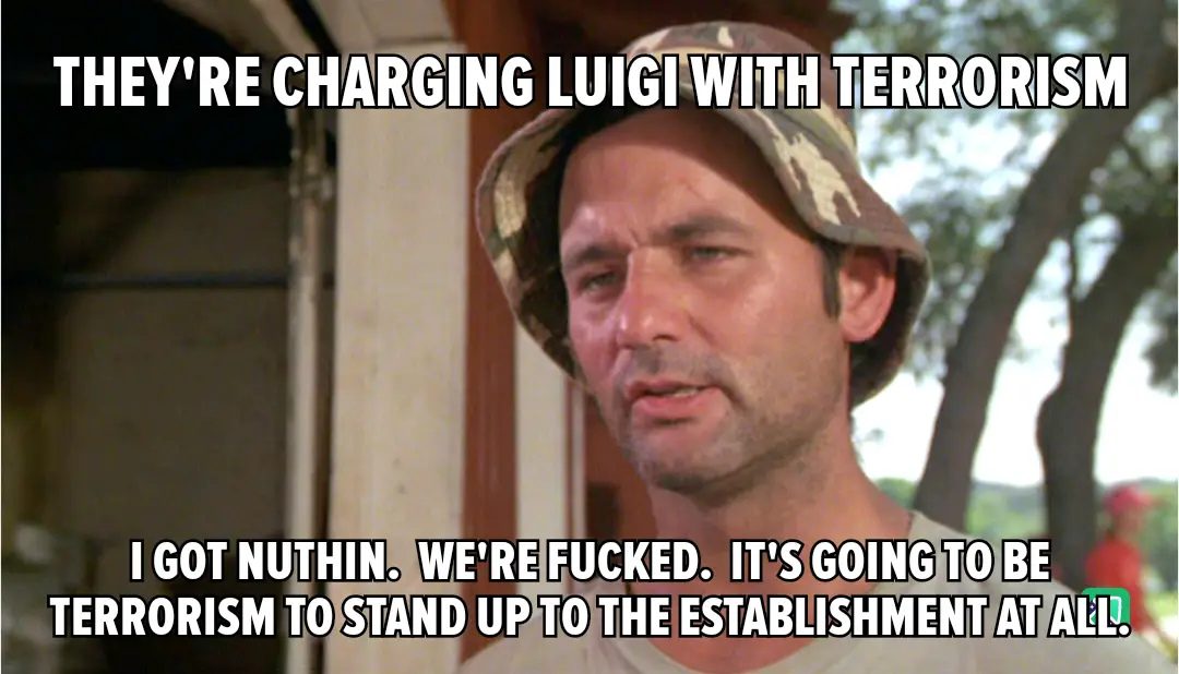 A man wearing a camouflage bucket hat looks concerned and resigned. The text overlaid on the image reads: 'THEY'RE CHARGING…