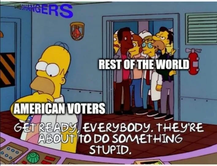 Homer Simpson stands at a control panel looking concerned, with text overlaid identifying him as 'AMERICAN VOTERS' and his…