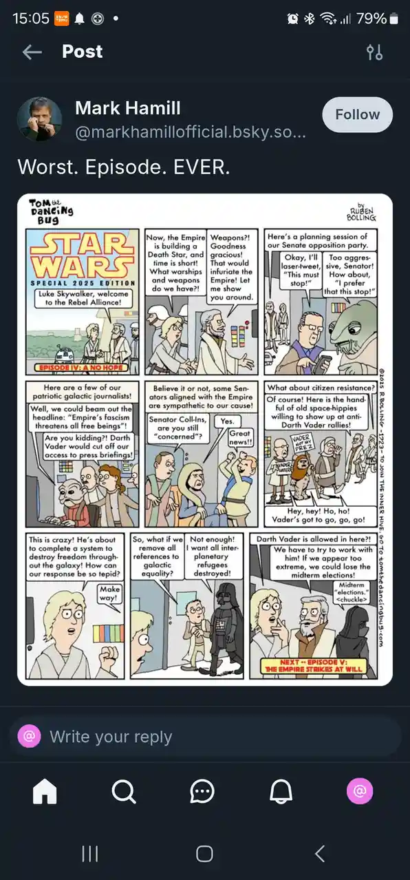 A comic strip titled 'Star Wars Special 2025 Edition' by Tom the Dancing Bug, depicting Rebel Senators debating how to…