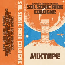 An album cover parody for 'Sol Sonic Ride Cologne' styled as a mixtape, featuring a retro-futuristic design with a boombox…