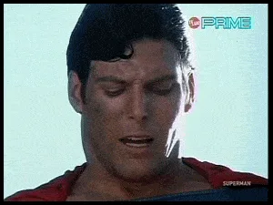 Six frames show Superman (played by Christopher Reeve) in a sequence where he starts with a pained, grimacing expression and…