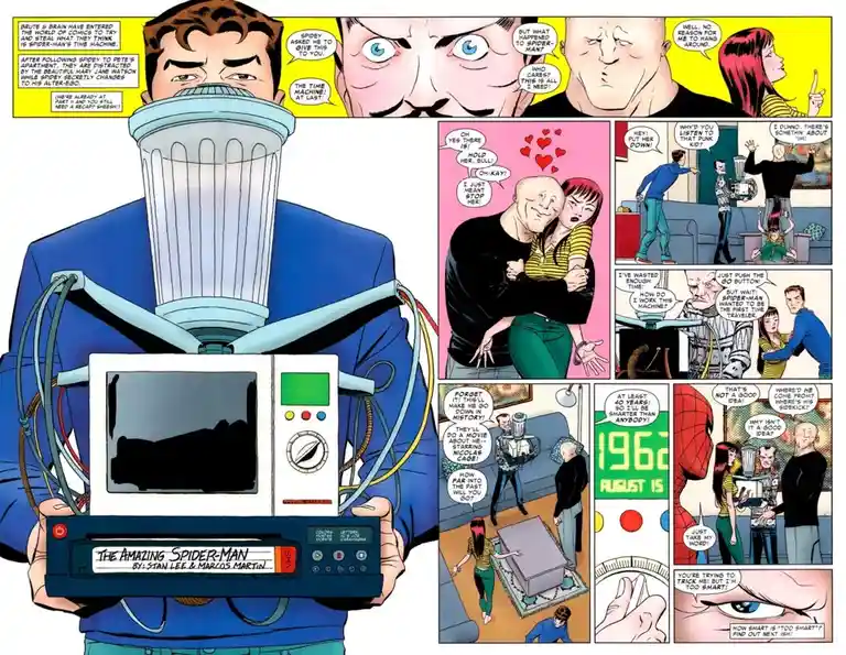 A comic book panel shows a man in a blue suit holding a microwave with a trash can on top, labeled 'The Amazing Spider-Man…
