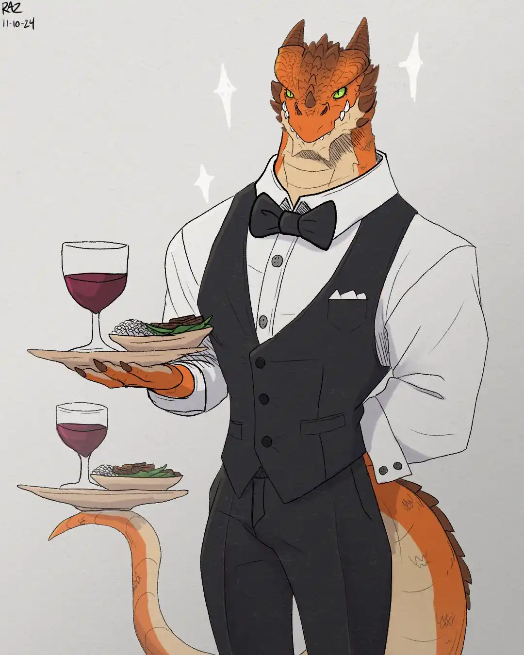 An anthropomorphic orange dragon with green eyes, wearing a black vest, white shirt, and bowtie, stands holding a tray with…