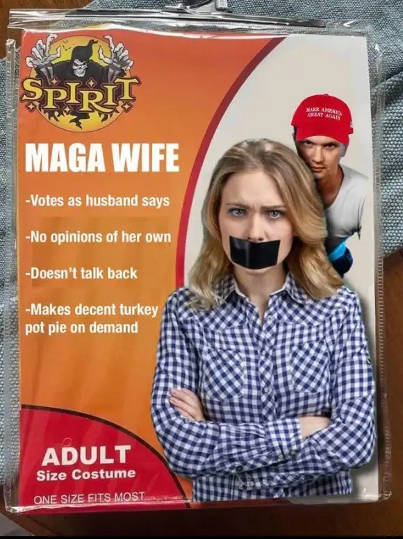 A packaged adult costume labeled 'MAGA WIFE' shows a woman with duct tape over her mouth and arms crossed, while a man in a…