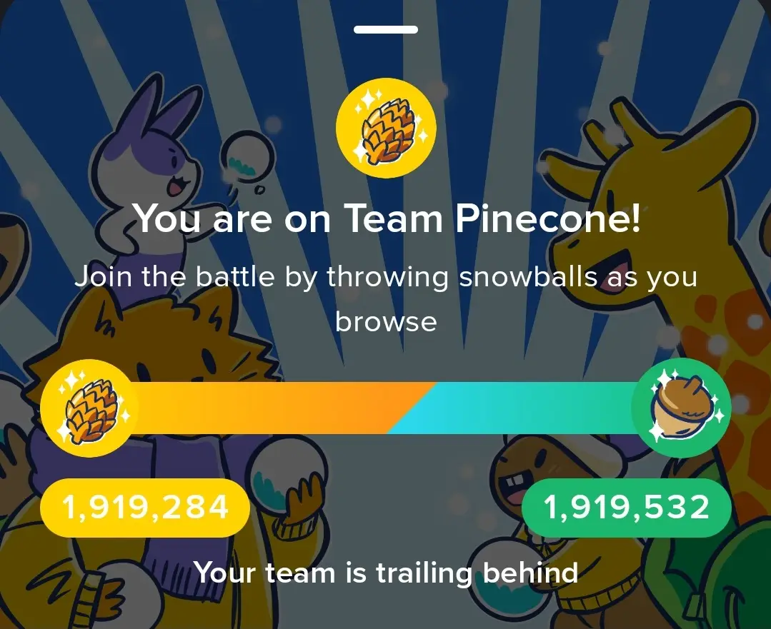 A screenshot from a mobile game interface showing a team battle between 'Team Pinecone' and 'Team Acorn'. The pinecone team…
