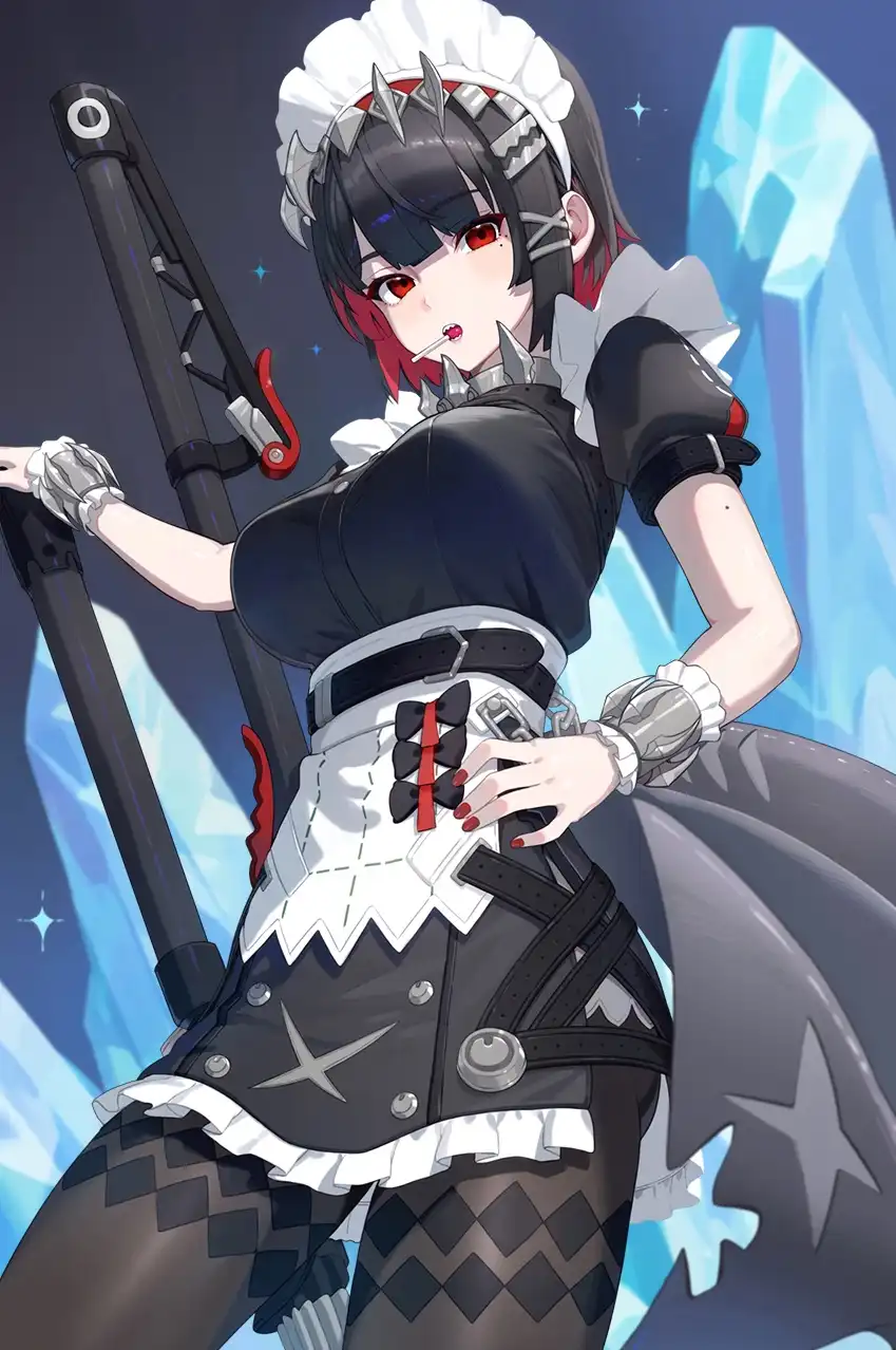 An anime-style female character with black and red hair, red eyes, and a maid outfit featuring white frills, black straps…