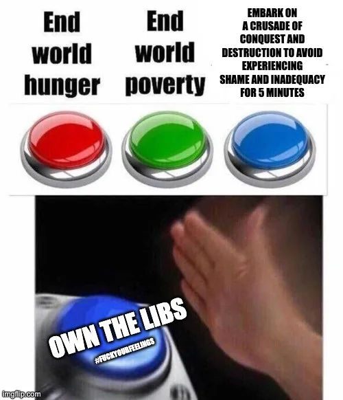 The image displays three large, glossy buttons—red, green, and blue—each labeled with a different phrase. The red button…