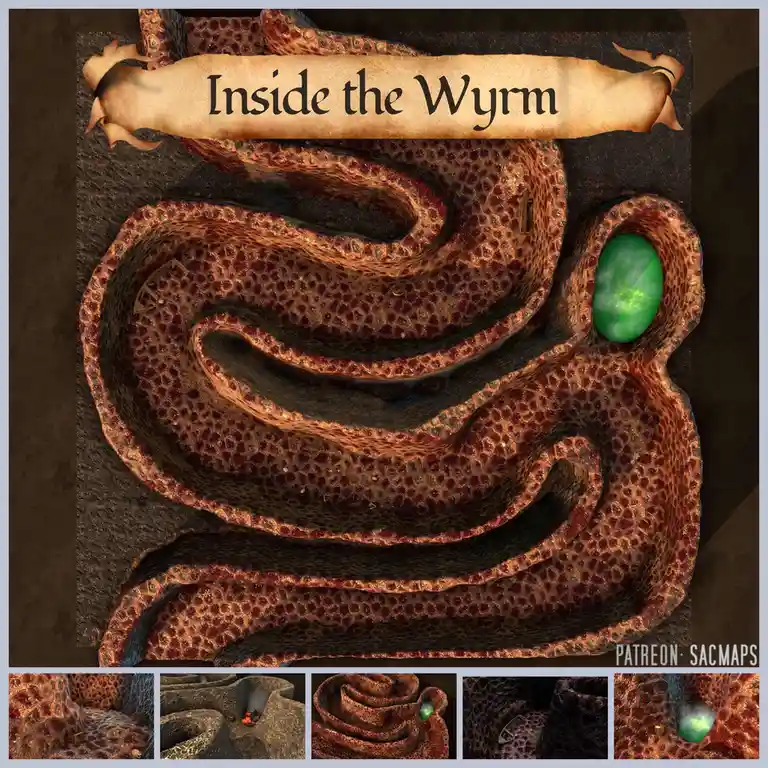 An overhead view of a winding, organic dungeon map resembling a giant worm's intestines, with a glowing green orb at one end…