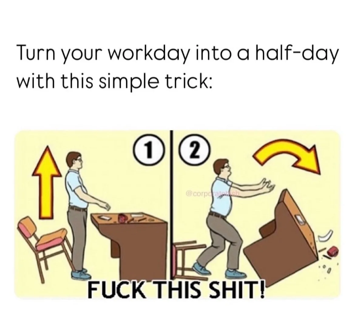 A two-panel cartoon shows a man at a desk. In panel 1, he stands up and looks at his desk with a large upward arrow. In…