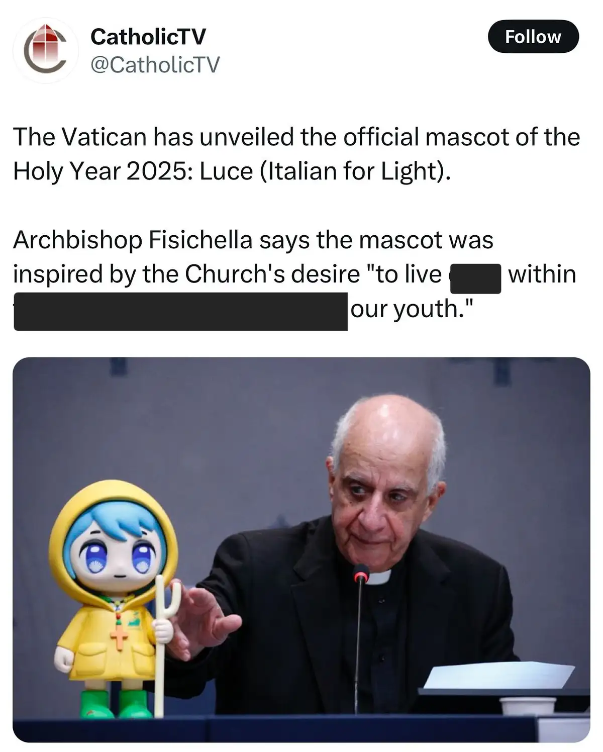 A screenshot of a CatholicTV tweet shows Archbishop Fisichella holding a yellow, anime-style mascot named Luce, which is…