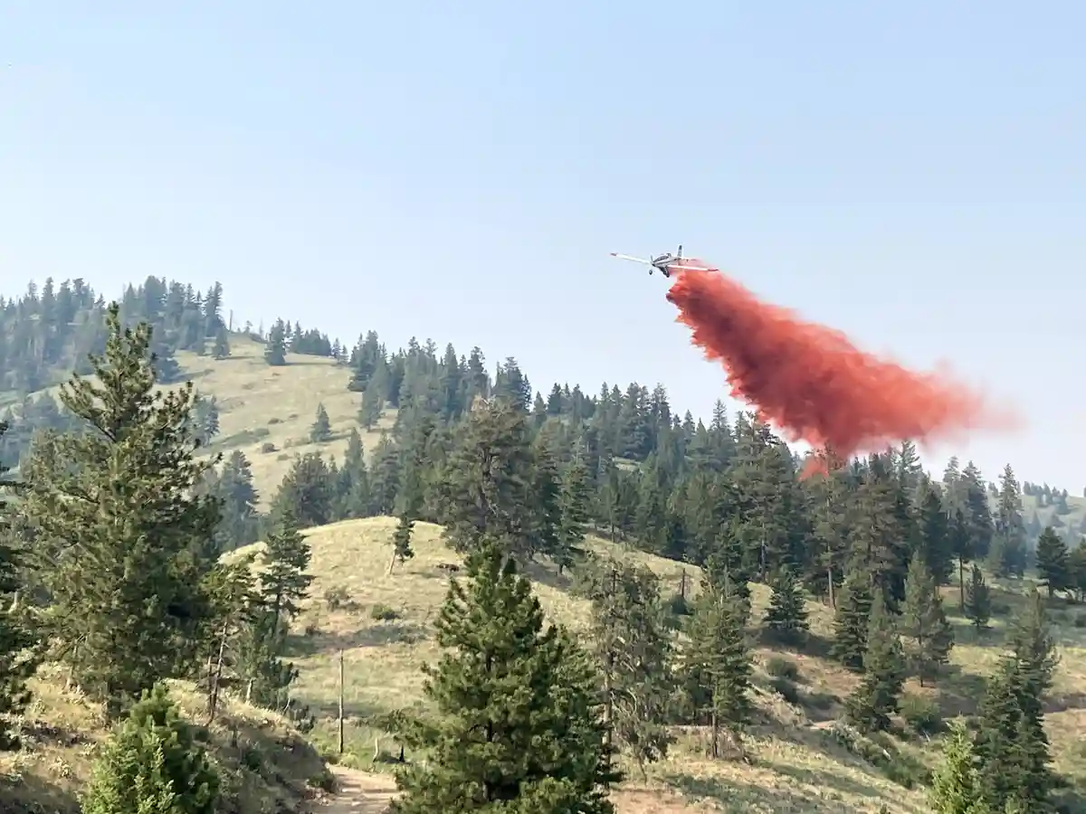 A small firefighting aircraft flies low over a forested, rolling hillside, releasing a thick, vivid red stream of fire…