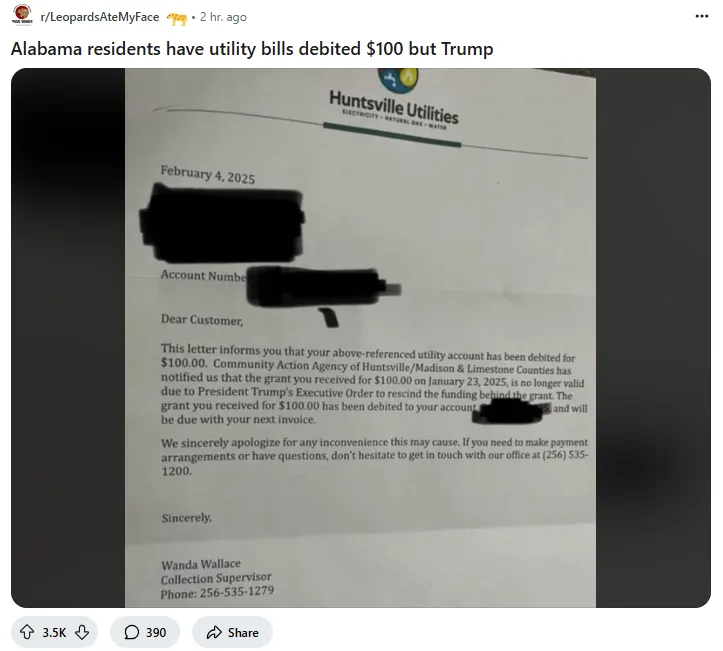 A utility bill from Huntsville Utilities dated February 4, 2025, states that a $100 grant was rescinded due to 'President…